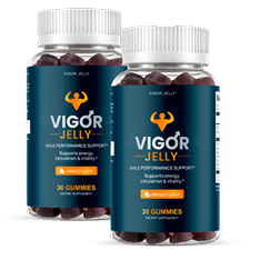 Two bottles of Vigor Jelly men's performance gummies showing the gummy supplement format